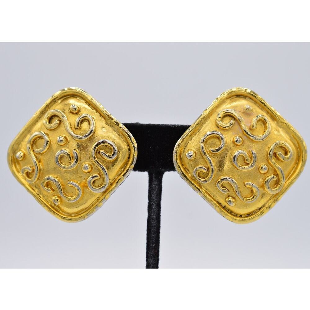 Edouard Rambaud Vintage Clip On Earrings Brushed Gold Chunky Signed AS IS BinW